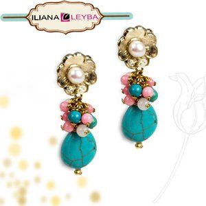 Iliana Leyba  Turquoise, Pearl /Pink Jade Earrings